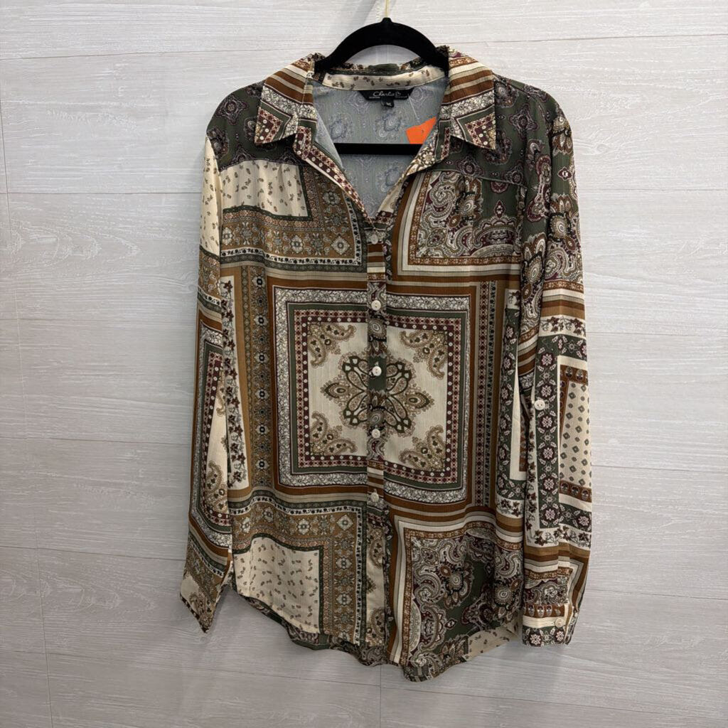 Charlie B Green/ Multi Print Long Sleeve Button Down Top Large