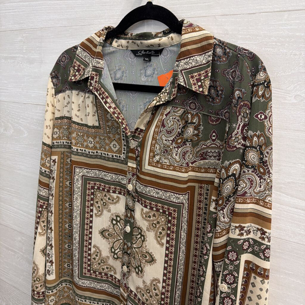 Charlie B Green/ Multi Print Long Sleeve Button Down Top Large