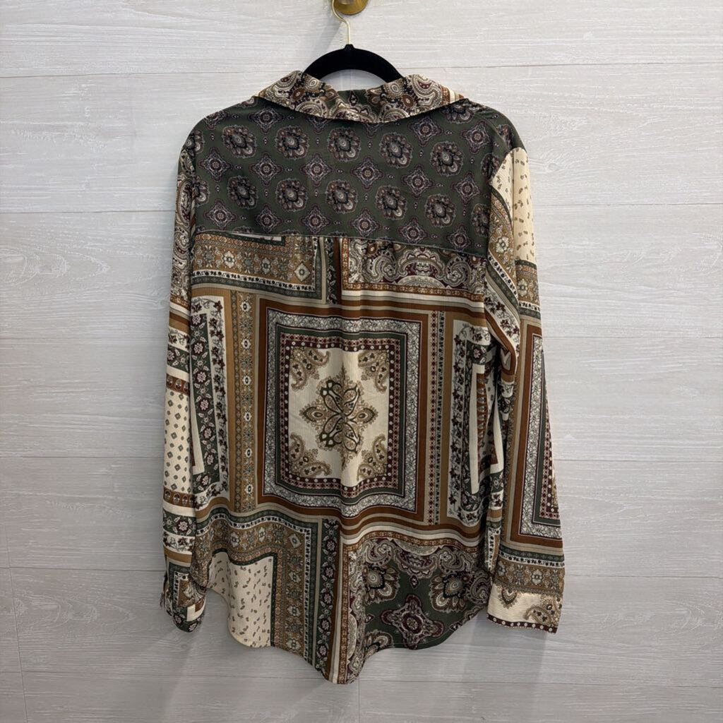 Charlie B Green/ Multi Print Long Sleeve Button Down Top Large