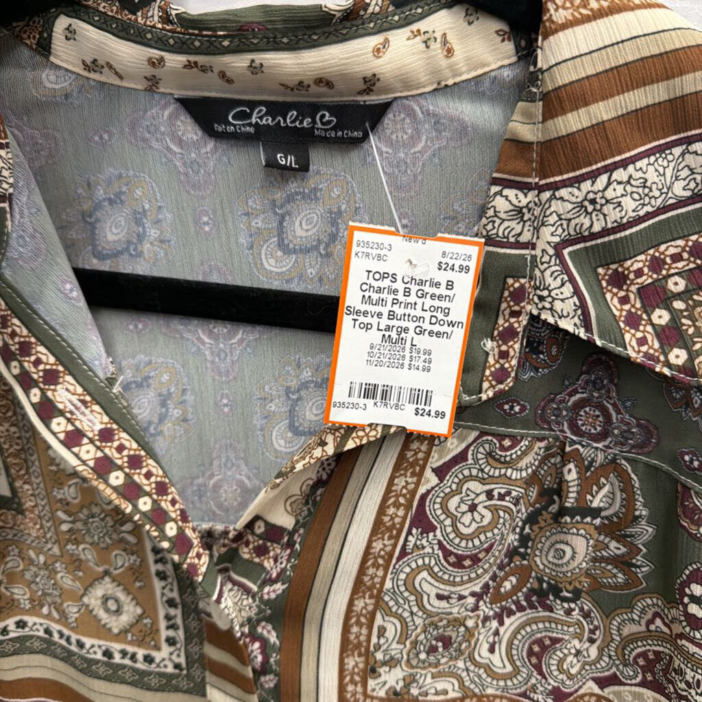Charlie B Green/ Multi Print Long Sleeve Button Down Top Large
