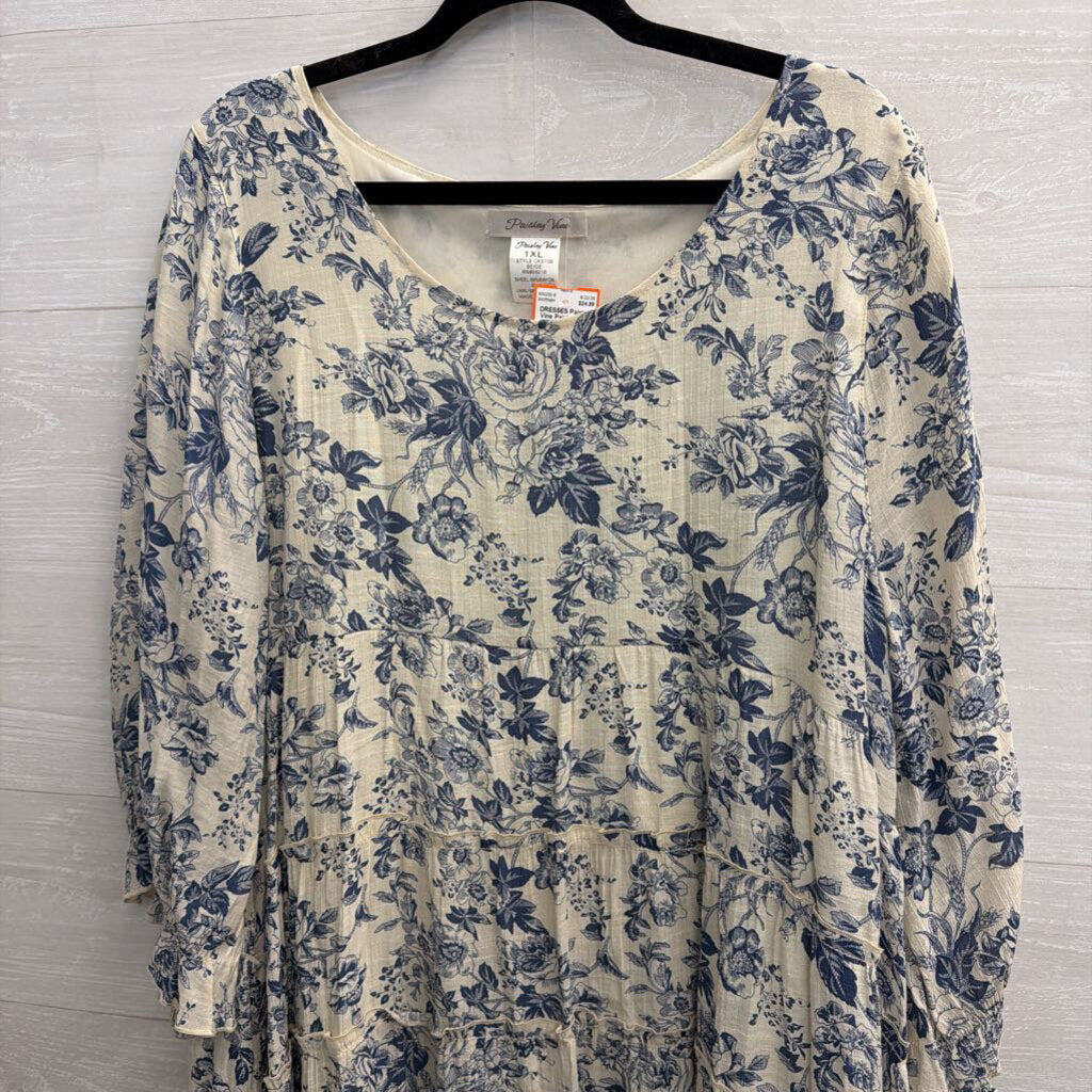 Paisley Vine White/ Blue Print Long Sleeve Dress 1XL