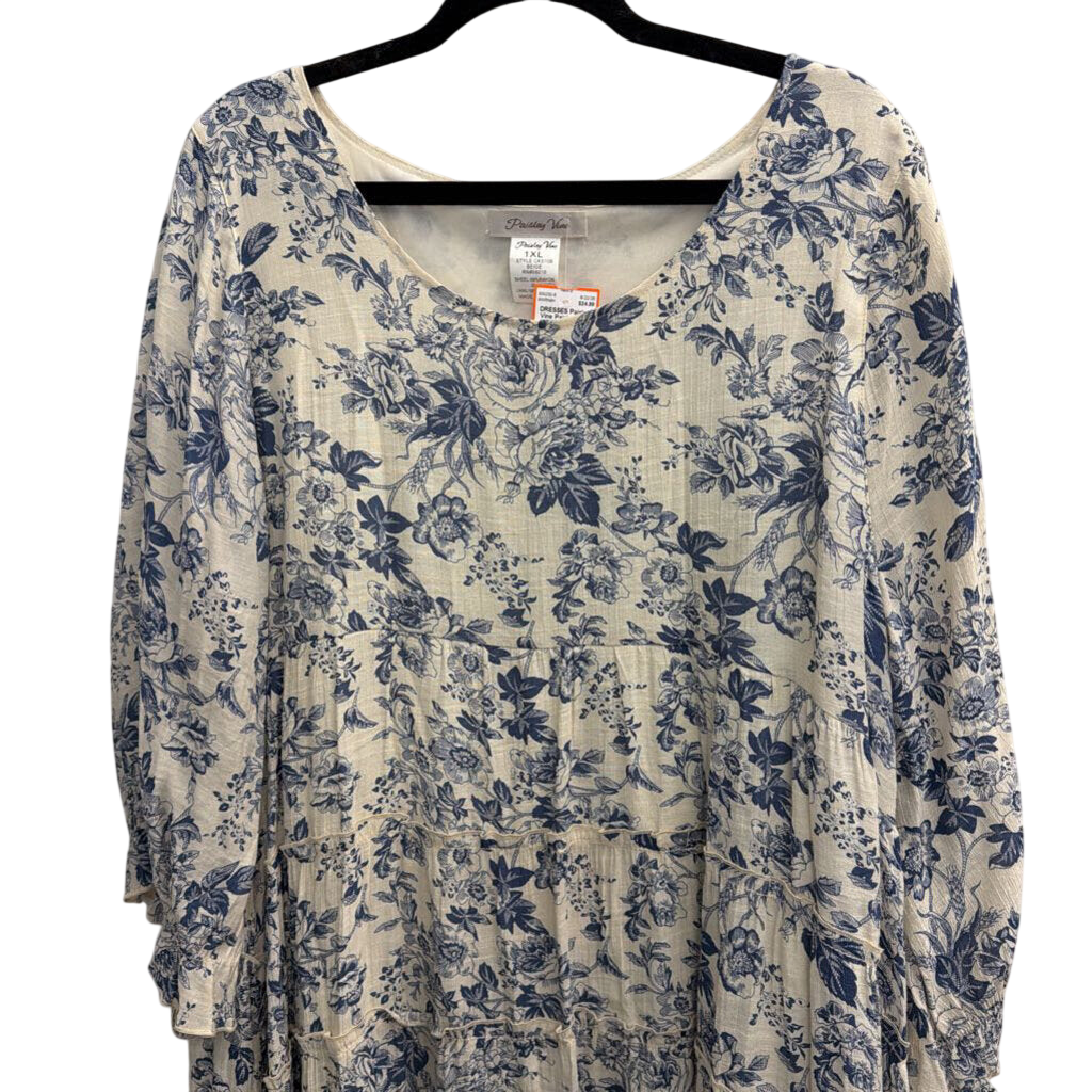 Paisley Vine White/ Blue Print Long Sleeve Dress 1XL