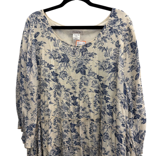 Paisley Vine White/ Blue Print Long Sleeve Dress 1XL