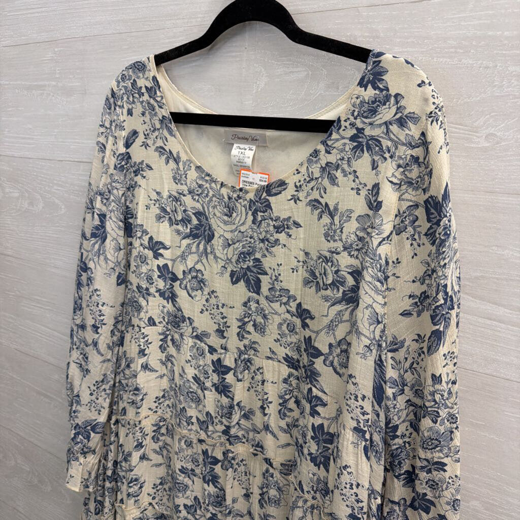 Paisley Vine White/ Blue Print Long Sleeve Dress 1XL