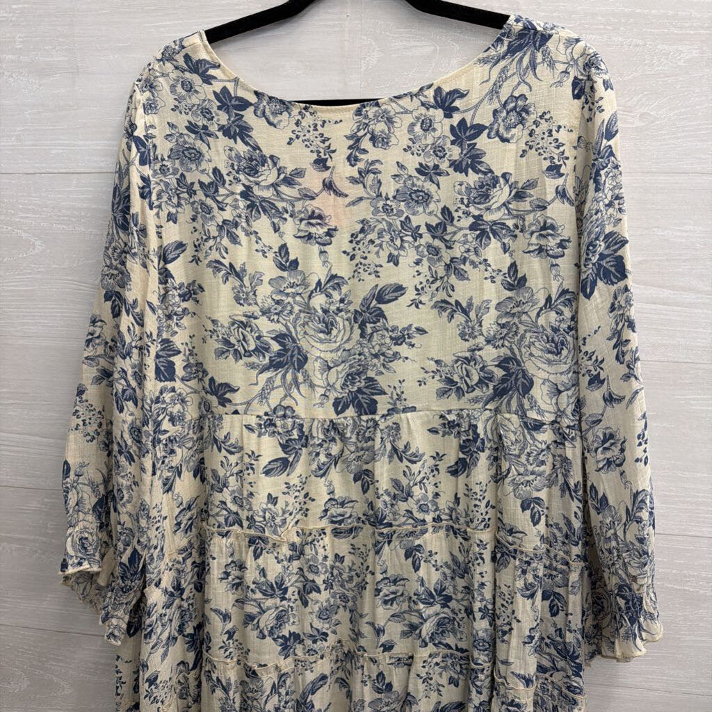 Paisley Vine White/ Blue Print Long Sleeve Dress 1XL