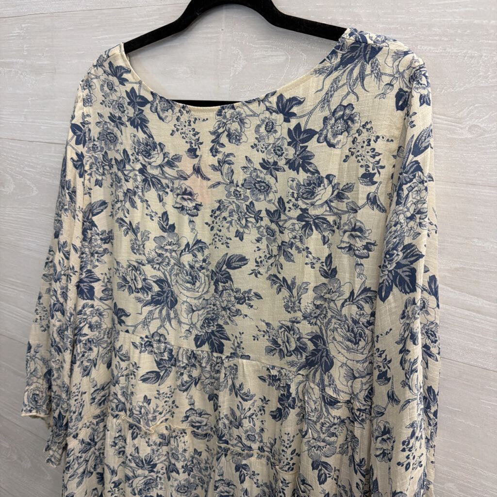 Paisley Vine White/ Blue Print Long Sleeve Dress 1XL
