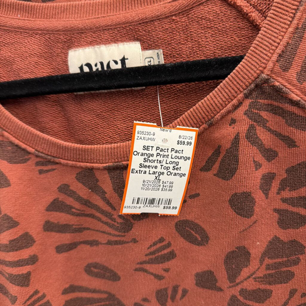 Pact Orange Print Lounge Shorts/ Long Sleeve Top Set Extra Large