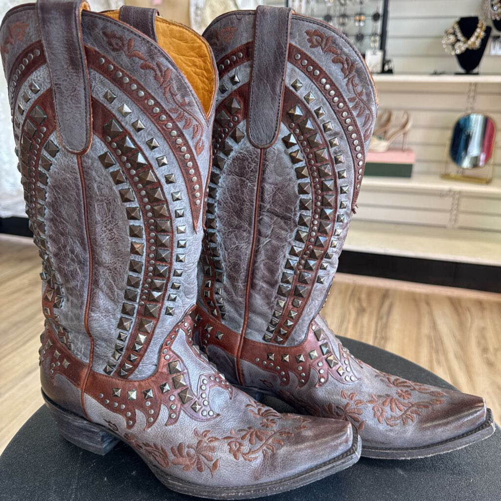 Old Gringo Grey/ Brown Leather Embroidered Studded Belinda Western Boots 9