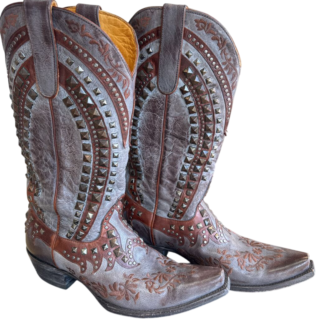 Old Gringo Grey/ Brown Leather Embroidered Studded Belinda Western Boots 9
