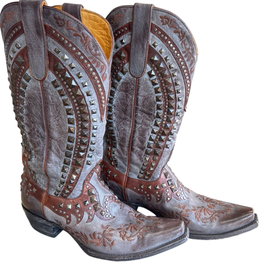 Old Gringo Grey/ Brown Leather Embroidered Studded Belinda Western Boots 9