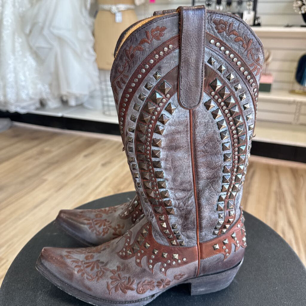 Old Gringo Grey/ Brown Leather Embroidered Studded Belinda Western Boots 9
