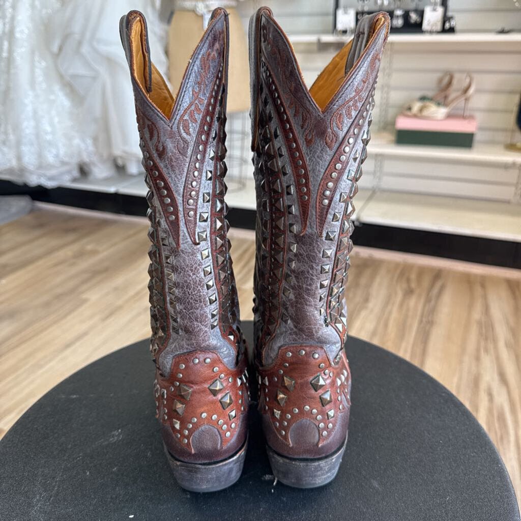 Old Gringo Grey/ Brown Leather Embroidered Studded Belinda Western Boots 9