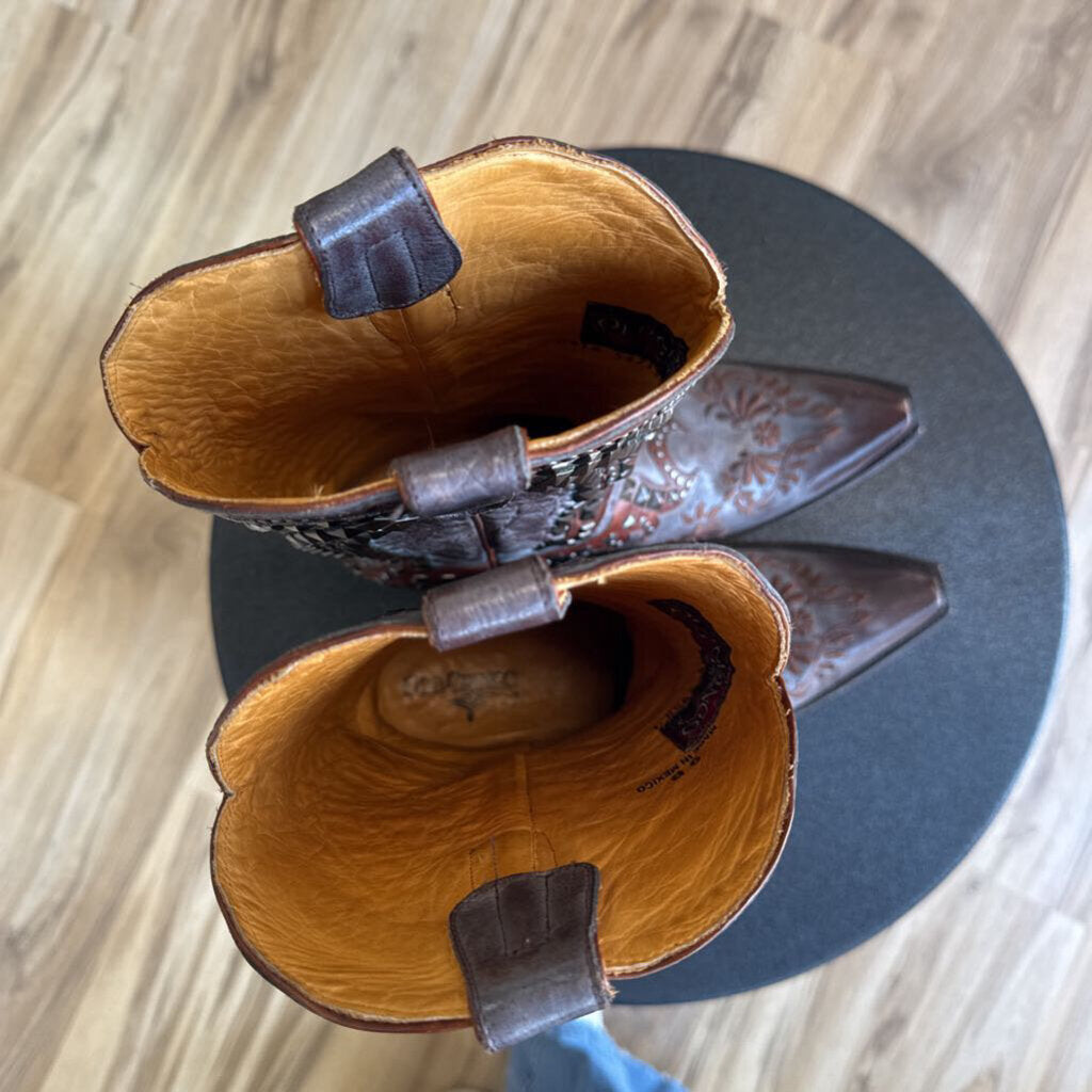 Old Gringo Grey/ Brown Leather Embroidered Studded Belinda Western Boots 9