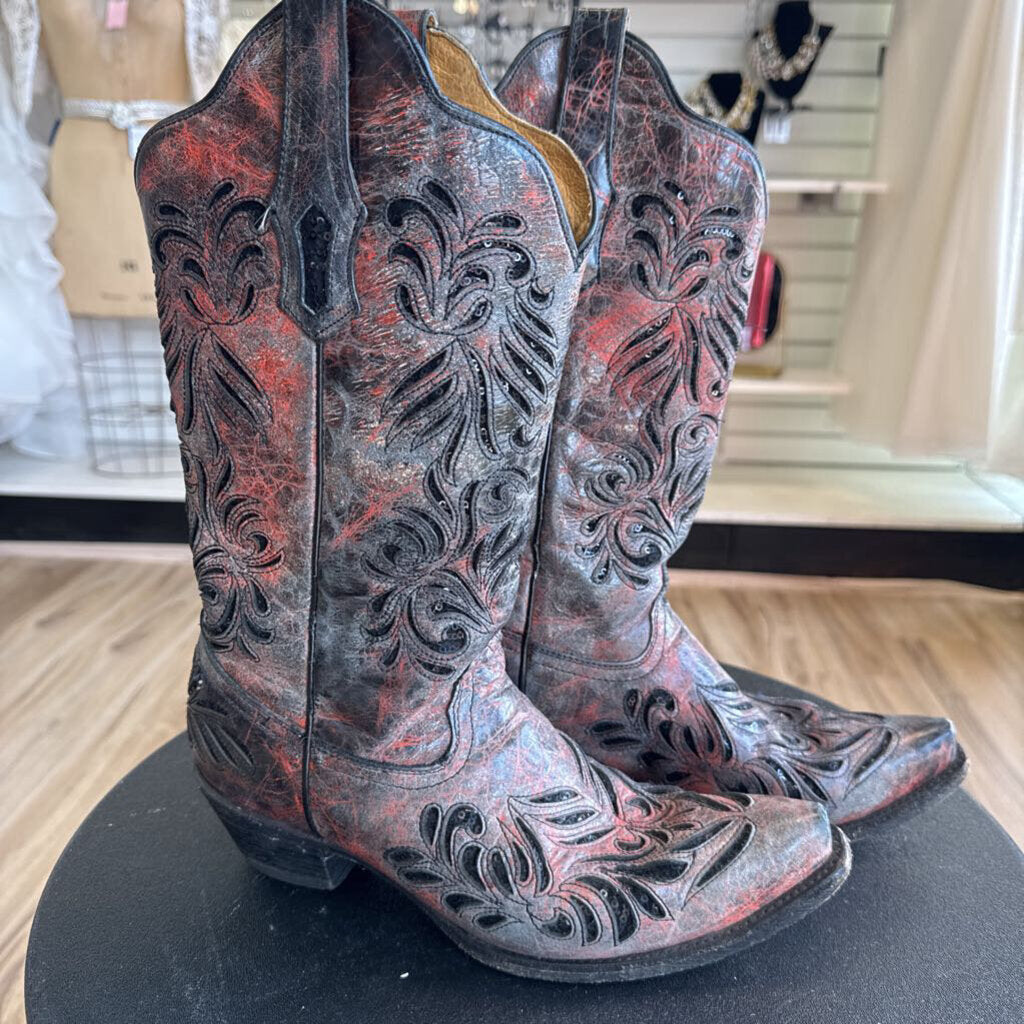 Corral Grey/ Red Sequin Cutout Accent AB012 Western Boots 9.5