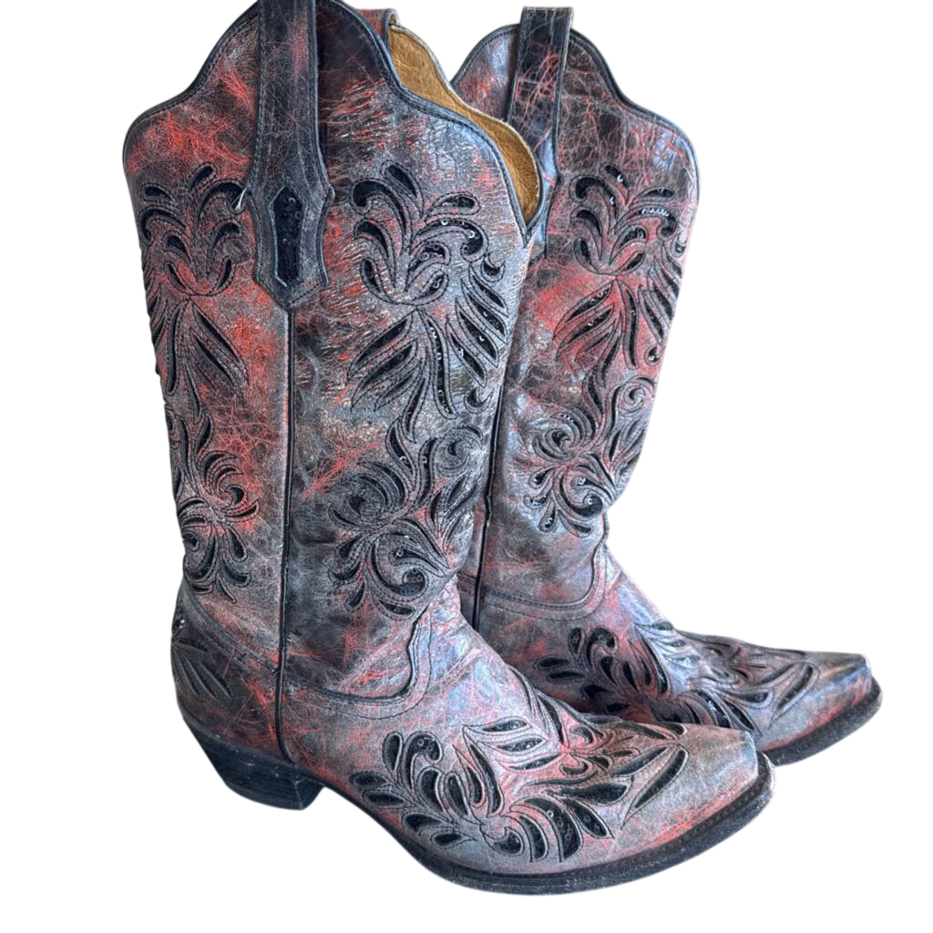 Corral Grey/ Red Sequin Cutout Accent AB012 Western Boots 9.5
