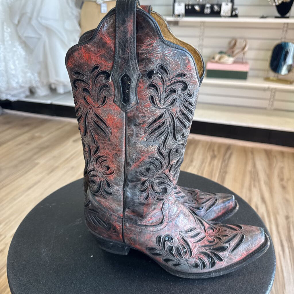 Corral Grey/ Red Sequin Cutout Accent AB012 Western Boots 9.5
