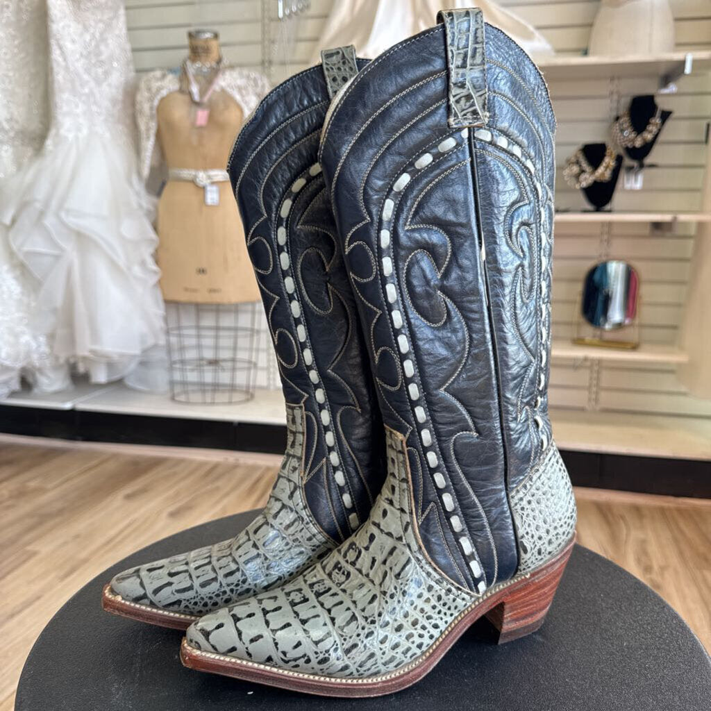 Raleigh Black/ Grey Croc Embossed Western Boots 9