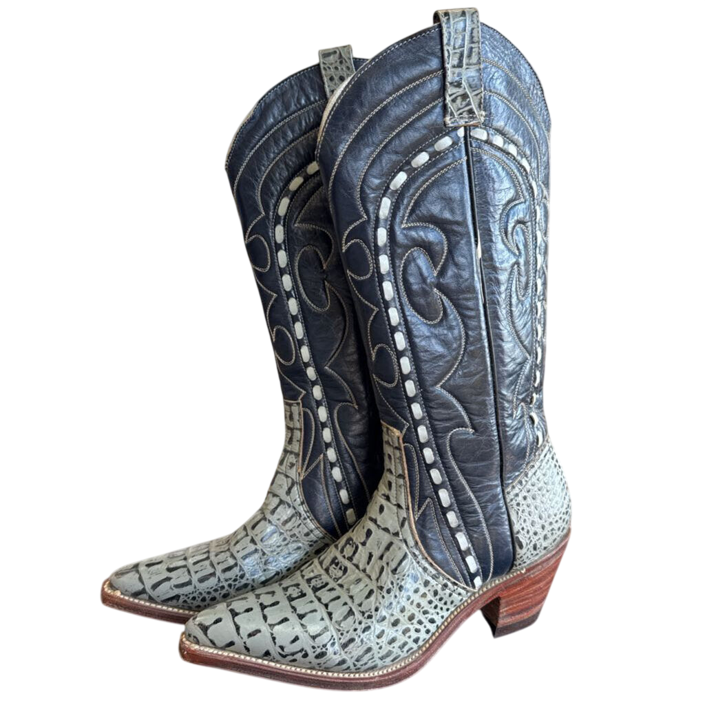 Raleigh Black/ Grey Croc Embossed Western Boots 9