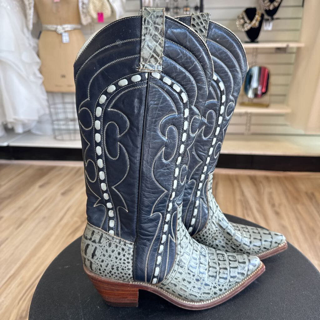 Raleigh Black/ Grey Croc Embossed Western Boots 9