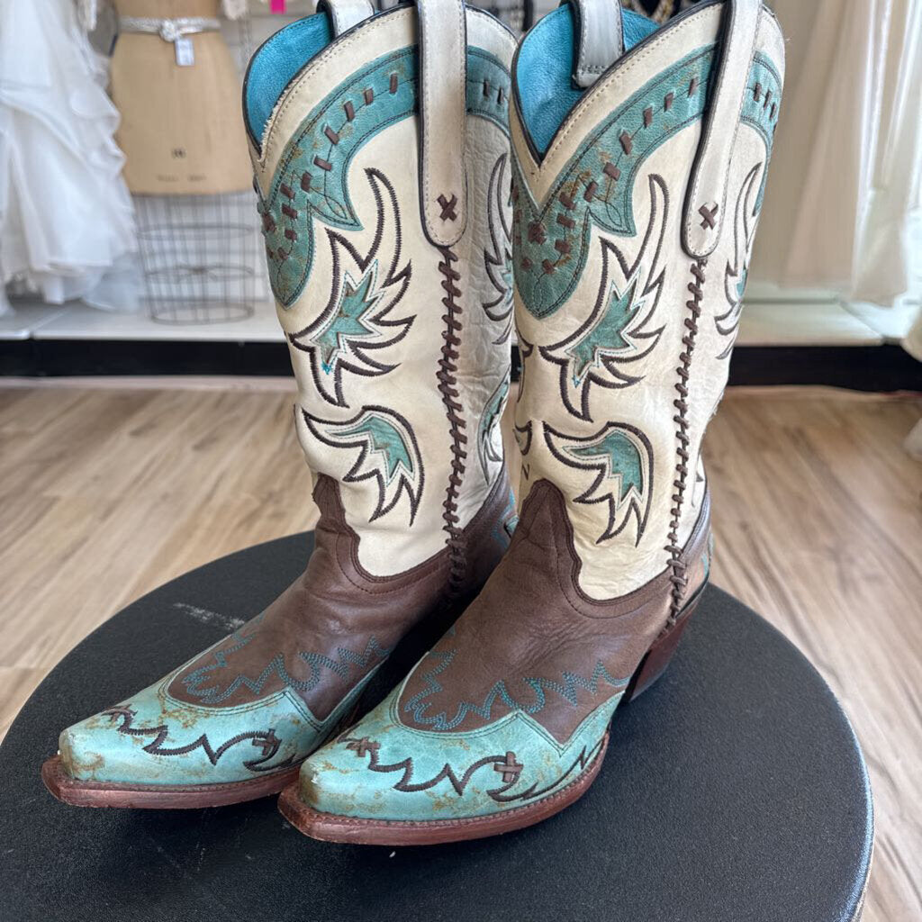 Tony Lama Brown/ Turquoise Leather Cassidy Western Boots 9