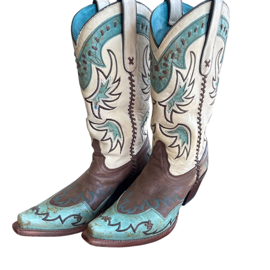 Tony Lama Brown/ Turquoise Leather Cassidy Western Boots 9