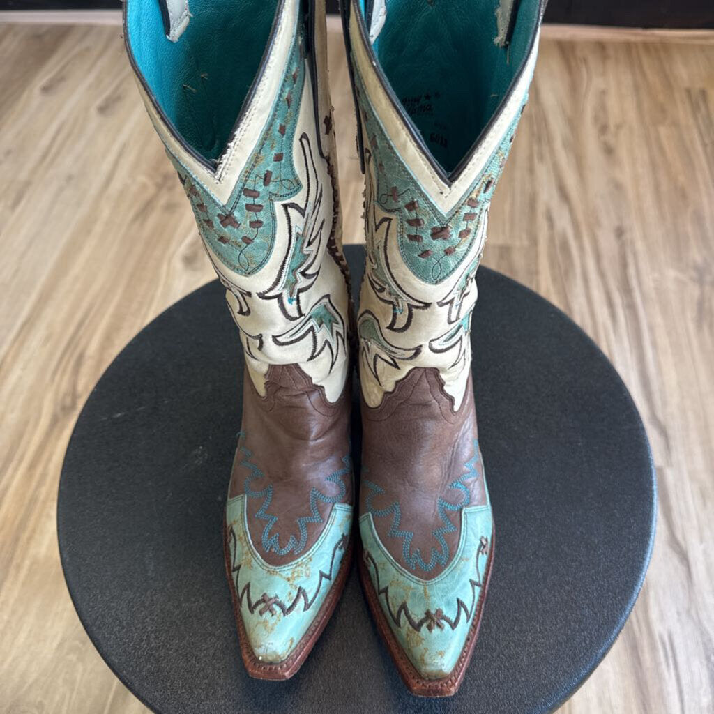 Tony Lama Brown/ Turquoise Leather Cassidy Western Boots 9