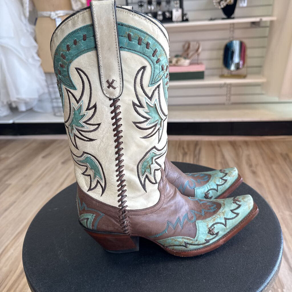Tony Lama Brown/ Turquoise Leather Cassidy Western Boots 9
