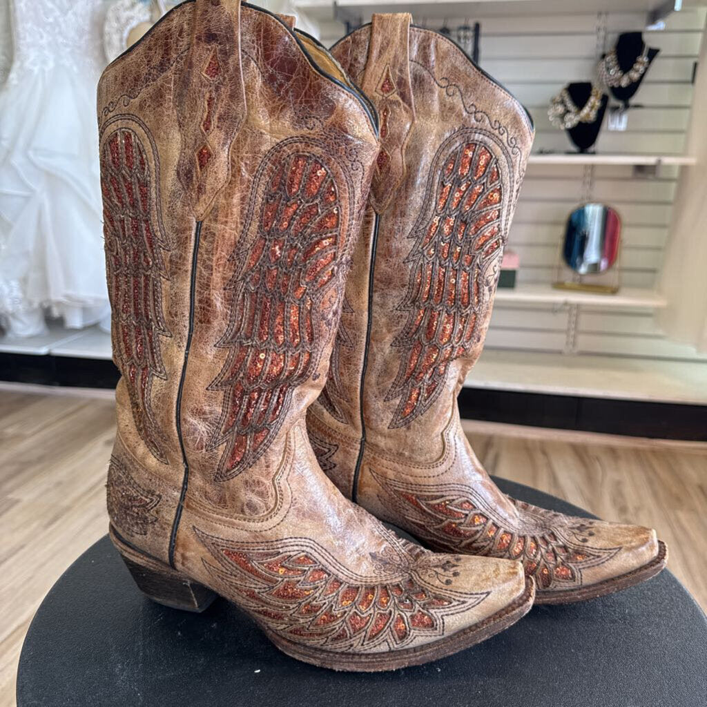 Corral Brown/ Orange Sequin Cutout Accent Western Boots 9.5