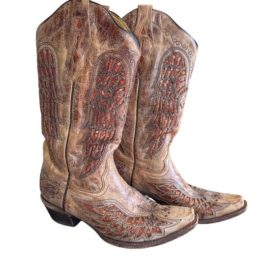 Corral Brown/ Orange Sequin Cutout Accent Western Boots 9.5