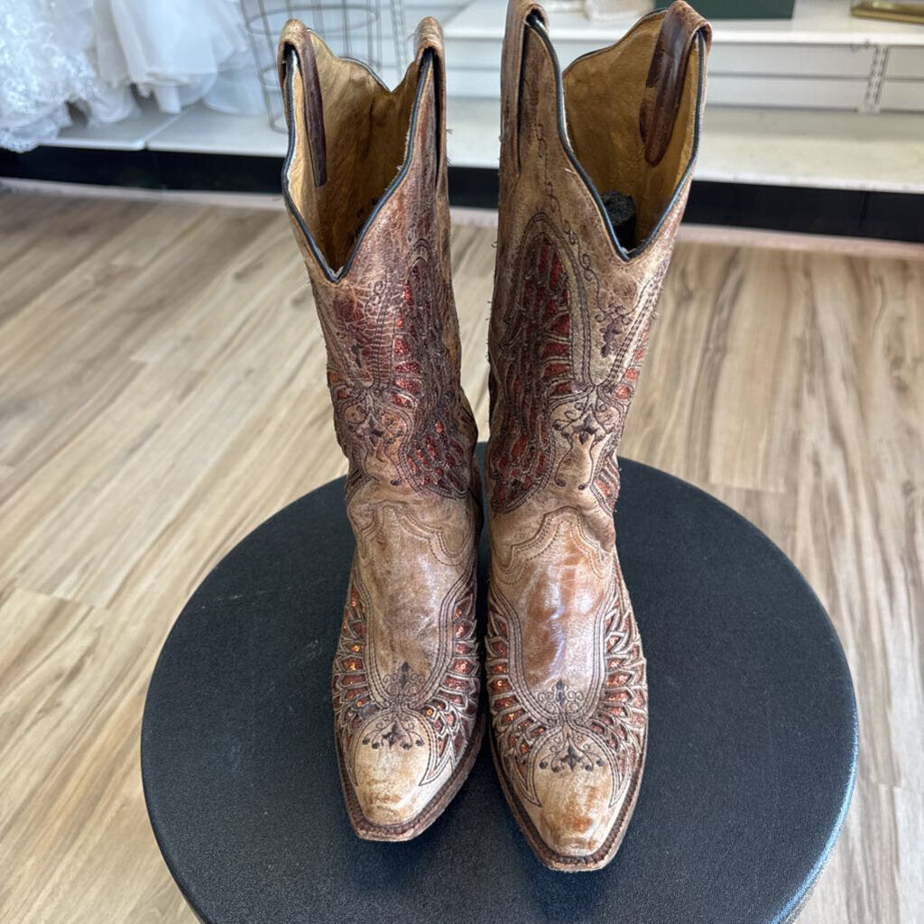 Corral Brown/ Orange Sequin Cutout Accent Western Boots 9.5