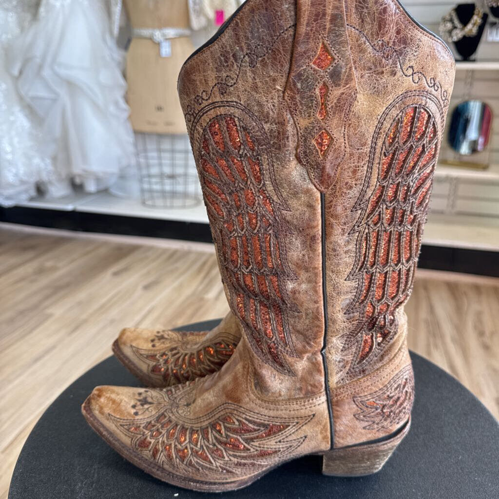 Corral Brown/ Orange Sequin Cutout Accent Western Boots 9.5