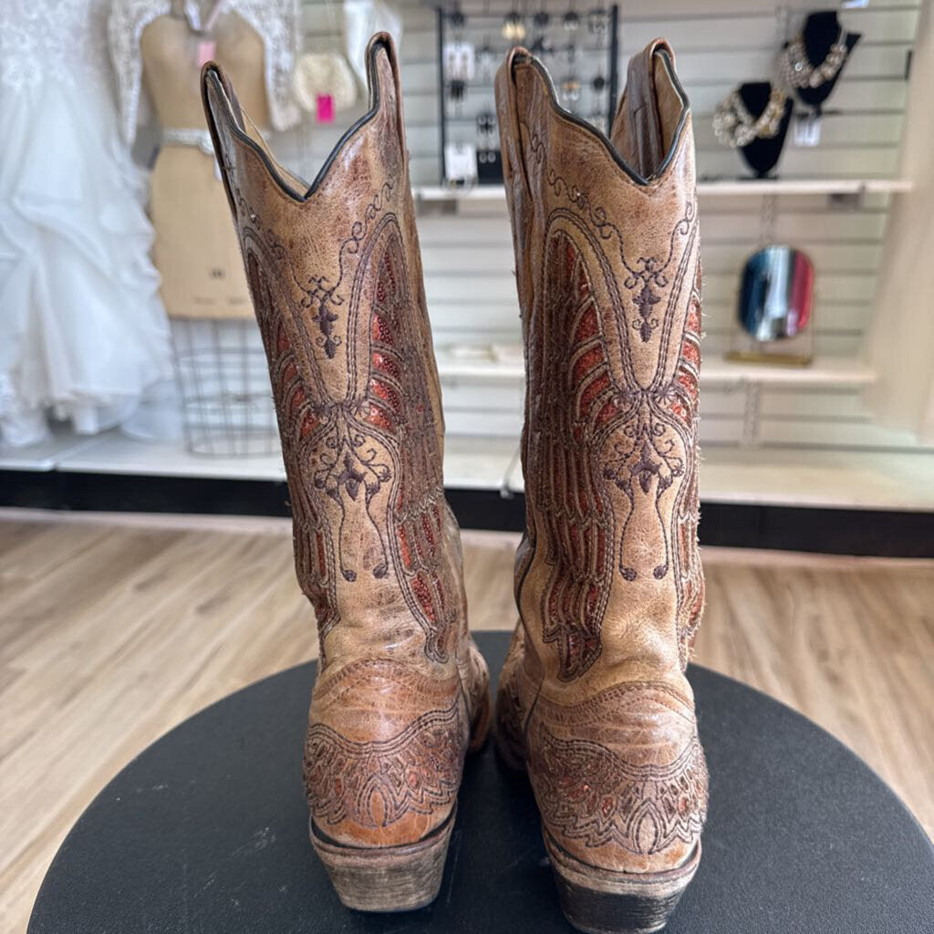 Corral Brown/ Orange Sequin Cutout Accent Western Boots 9.5