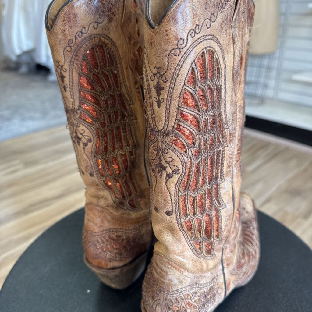 Corral Brown/ Orange Sequin Cutout Accent Western Boots 9.5