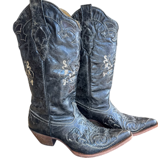 Corral Black Vintage Lizard Inlay Snip Toe Western Boots 9