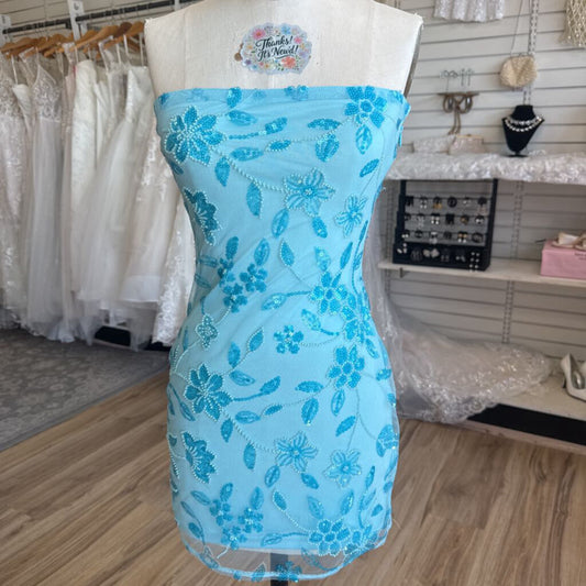 Peppermayo Blue Beaded Sequin Floral Strapless Short Formal Dress 4