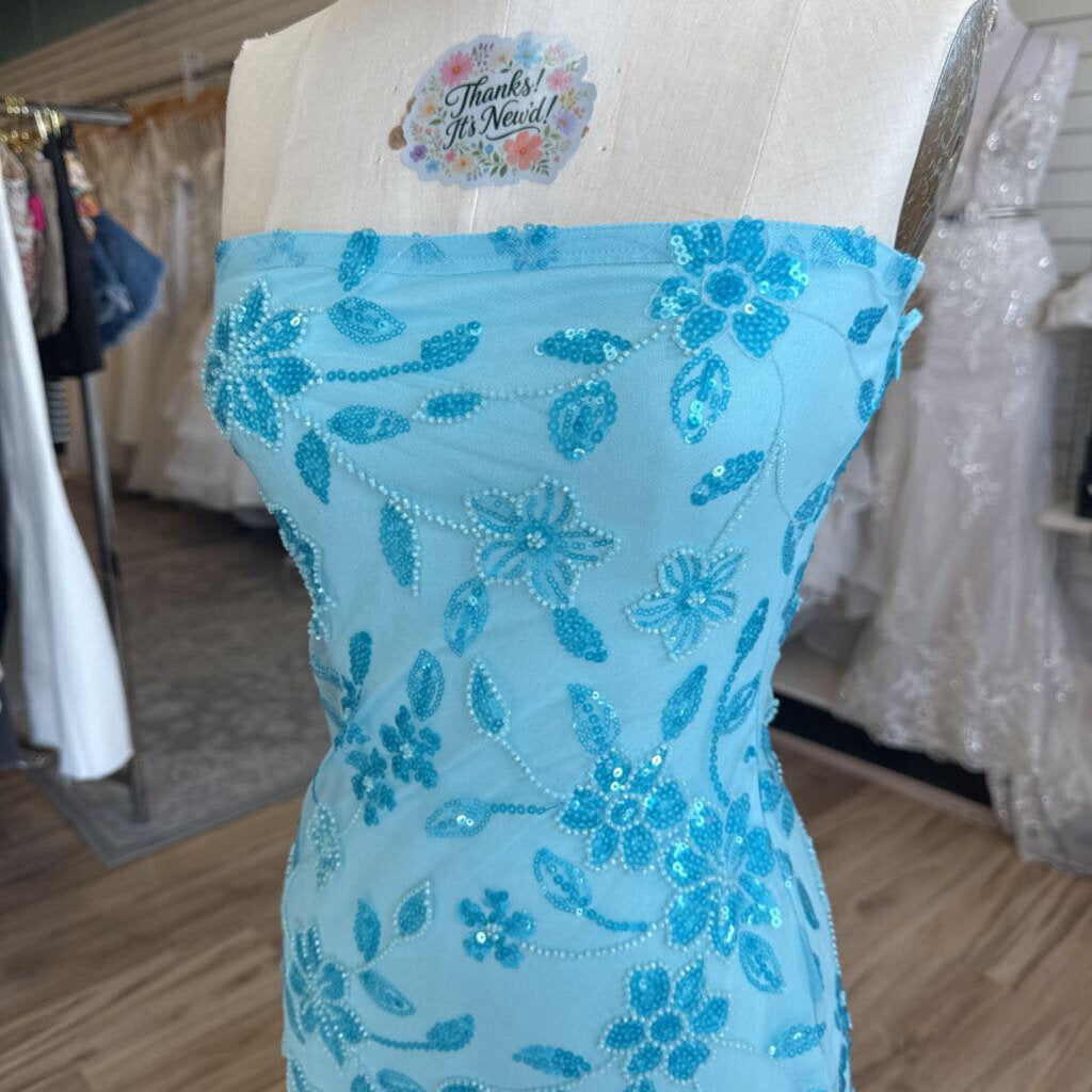 Peppermayo Blue Beaded Sequin Floral Strapless Short Formal Dress 4