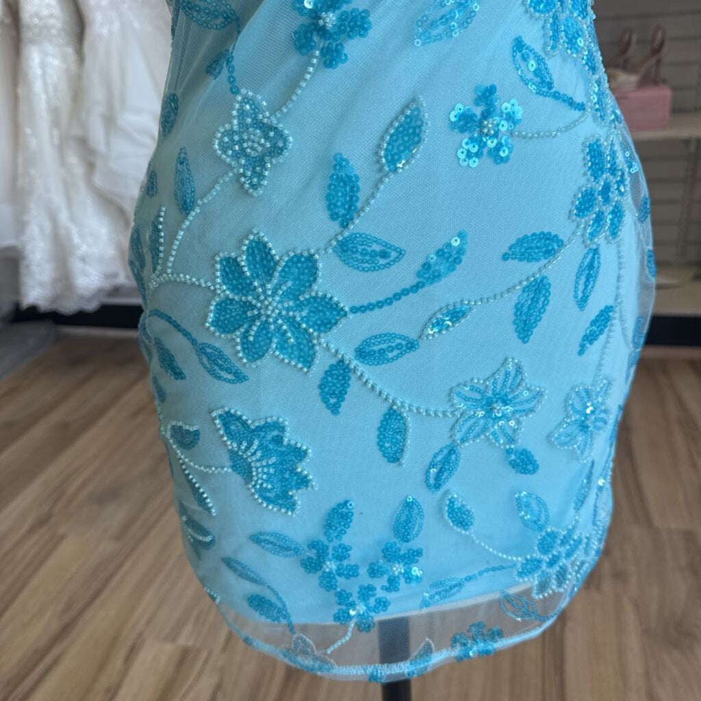 Peppermayo Blue Beaded Sequin Floral Strapless Short Formal Dress 4