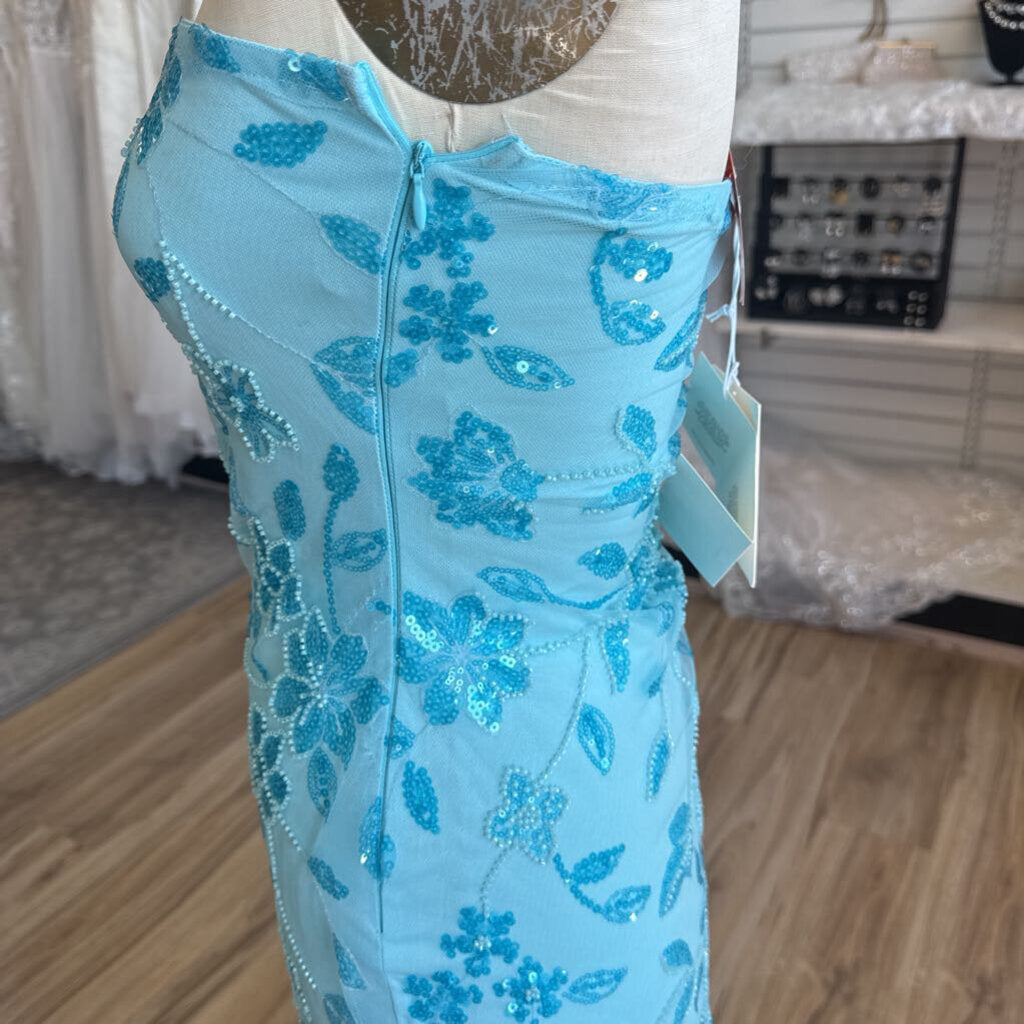 Peppermayo Blue Beaded Sequin Floral Strapless Short Formal Dress 4