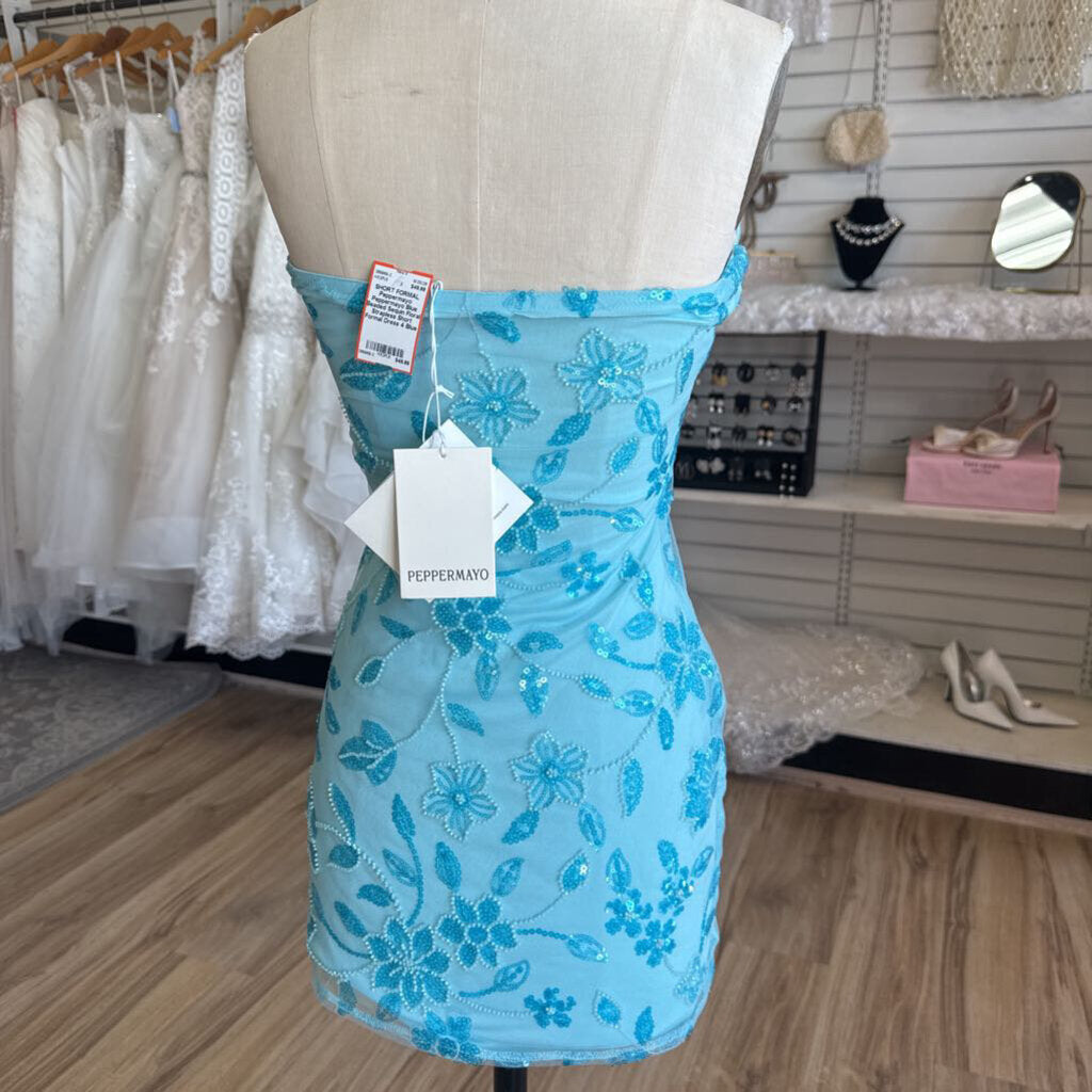Peppermayo Blue Beaded Sequin Floral Strapless Short Formal Dress 4