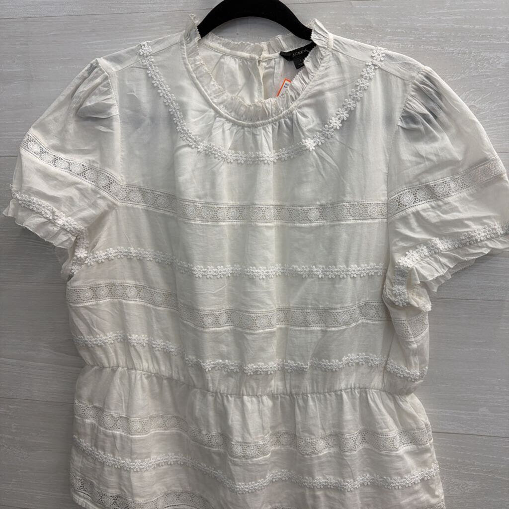 J Crew White Lace Striped Detail Short Sleeve Top Large