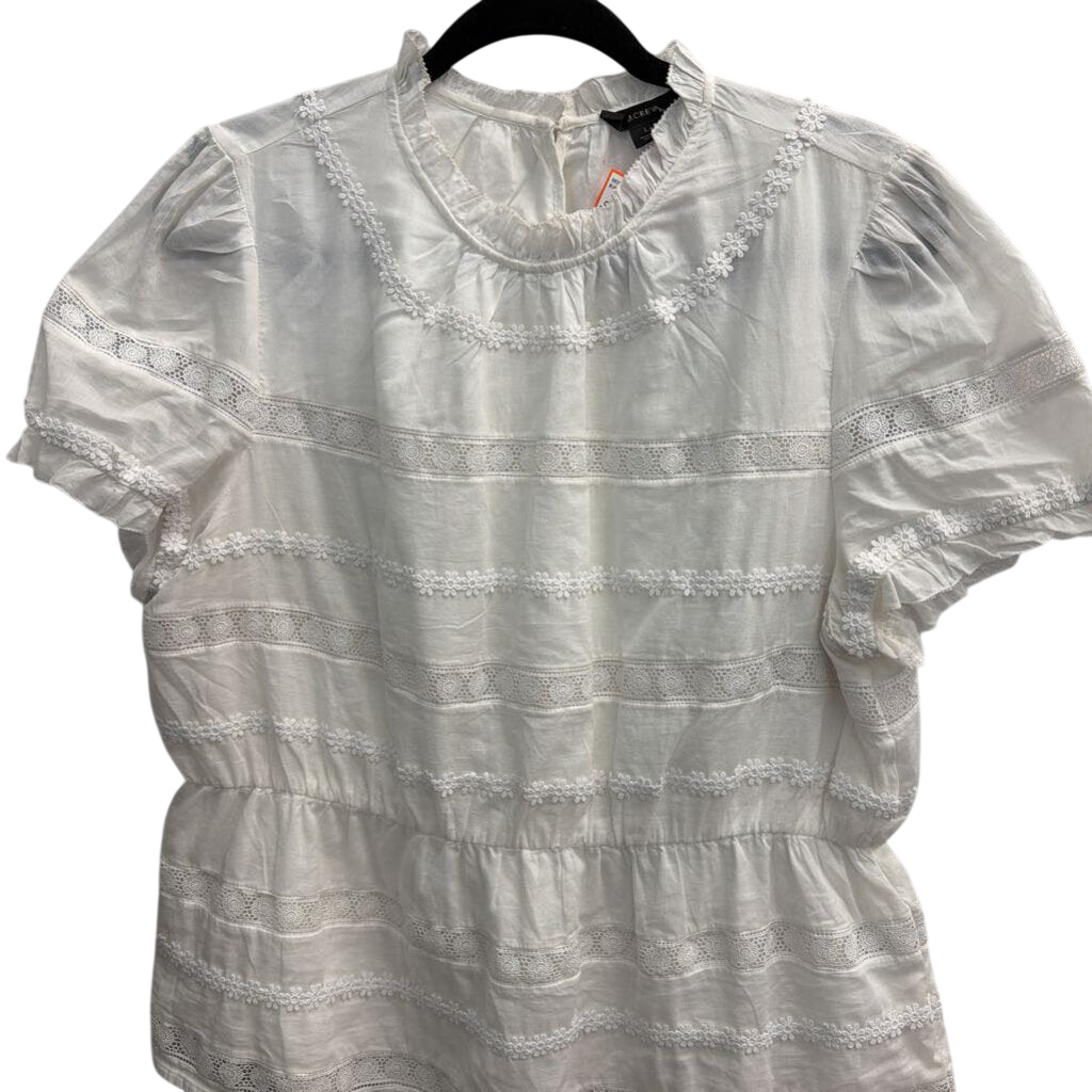 J Crew White Lace Striped Detail Short Sleeve Top Large
