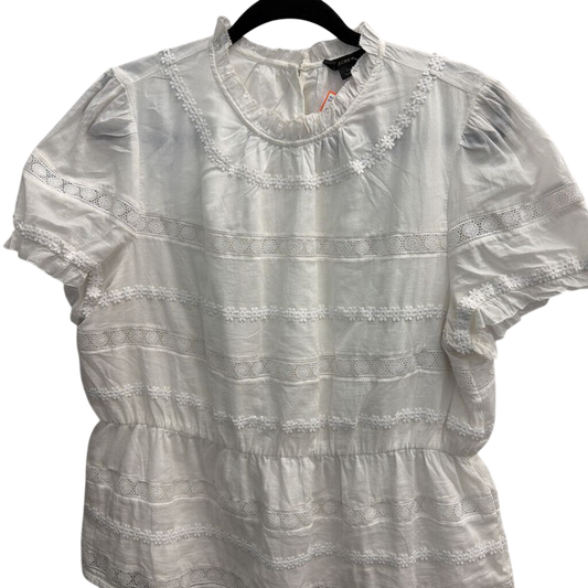 J Crew White Lace Striped Detail Short Sleeve Top Large