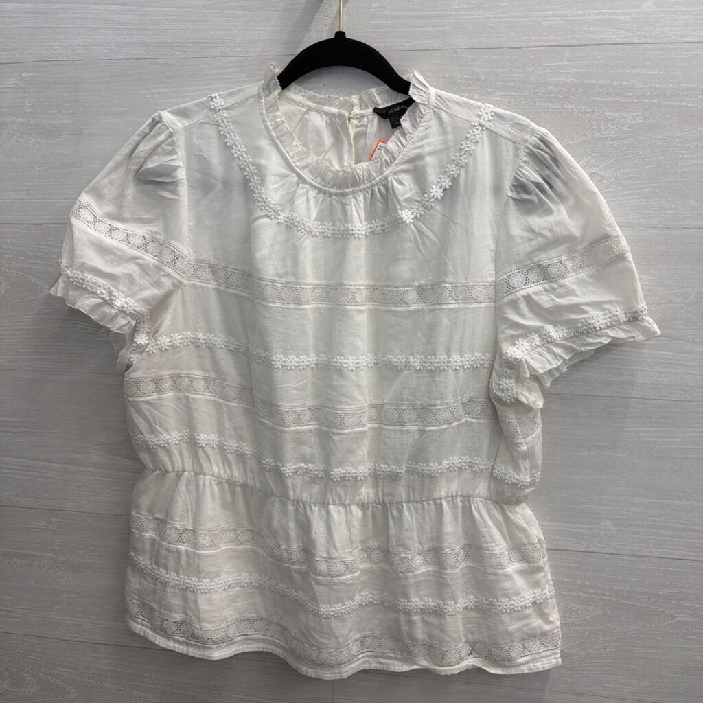 J Crew White Lace Striped Detail Short Sleeve Top Large