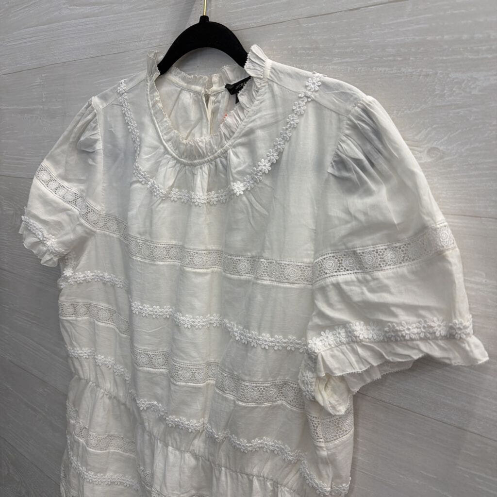 J Crew White Lace Striped Detail Short Sleeve Top Large