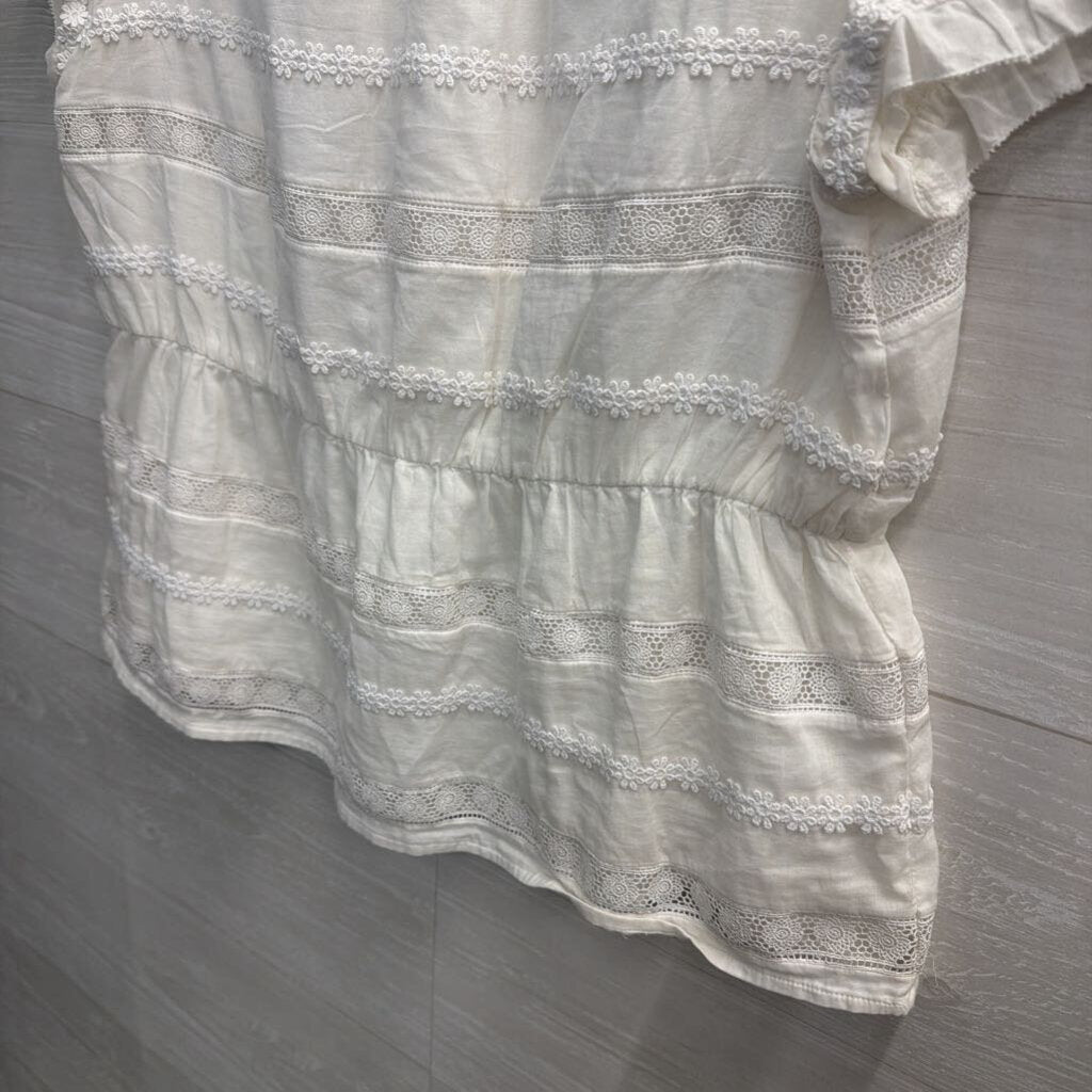 J Crew White Lace Striped Detail Short Sleeve Top Large