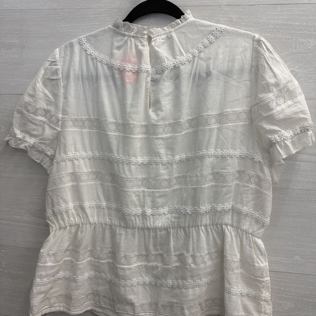J Crew White Lace Striped Detail Short Sleeve Top Large