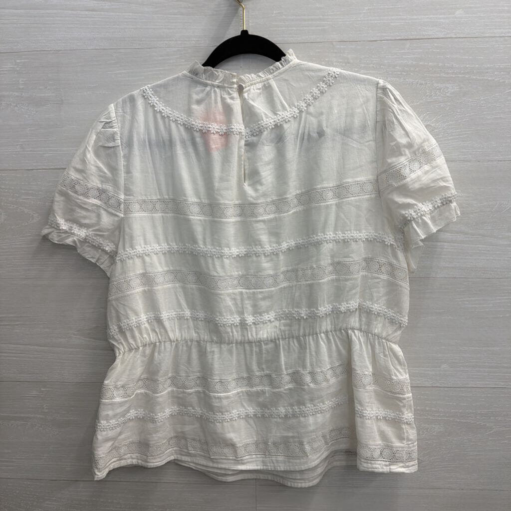 J Crew White Lace Striped Detail Short Sleeve Top Large
