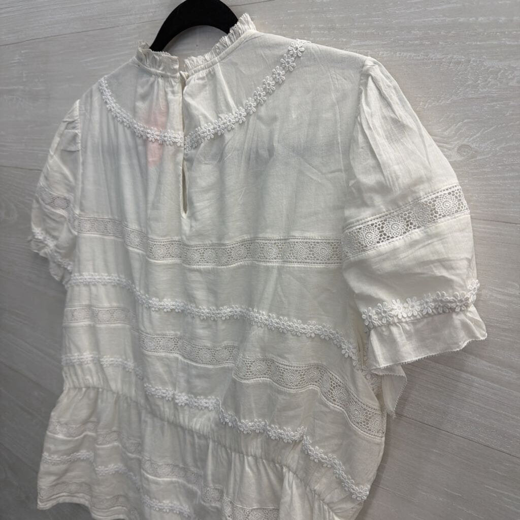 J Crew White Lace Striped Detail Short Sleeve Top Large