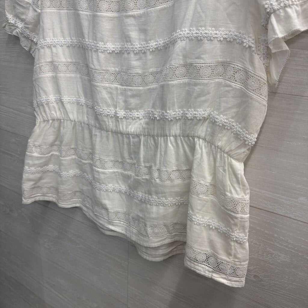 J Crew White Lace Striped Detail Short Sleeve Top Large
