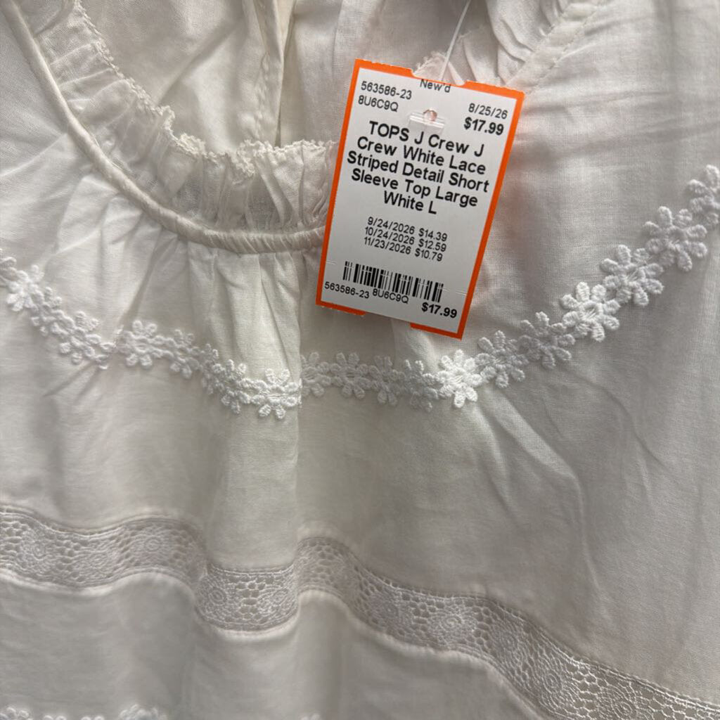 J Crew White Lace Striped Detail Short Sleeve Top Large